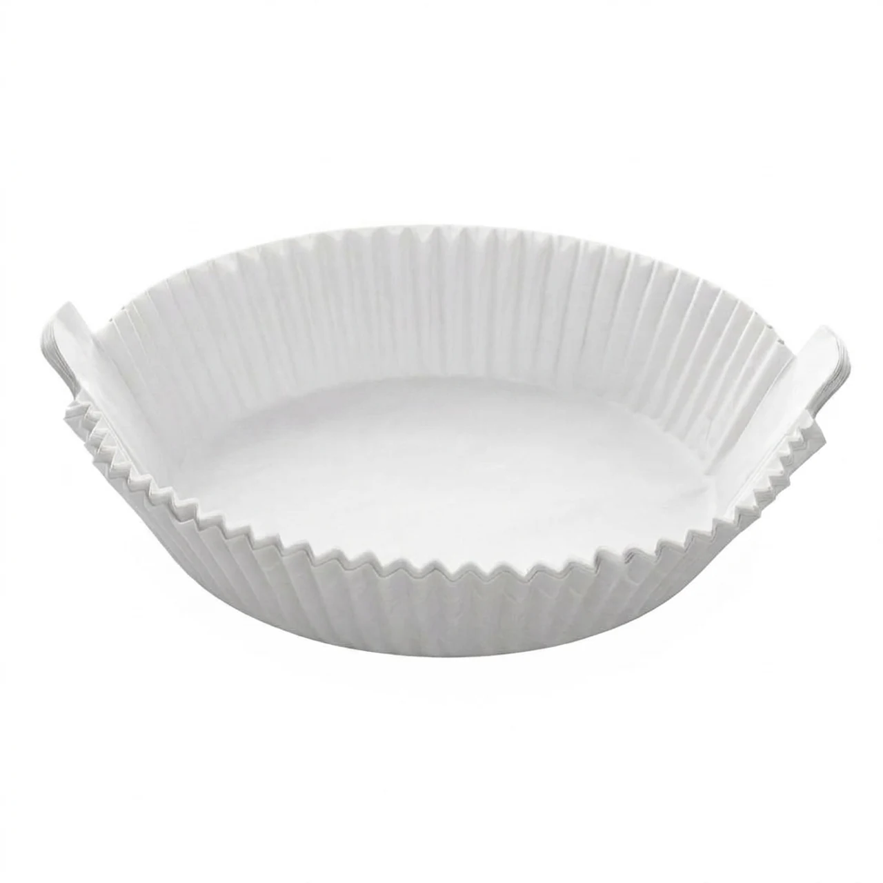 White round air fryer paper liner with lifting tabs on a white background.